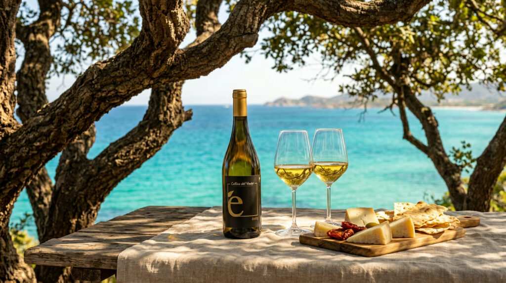 A bottle of Entu Vermentino on the sea off Villasimius at sunset